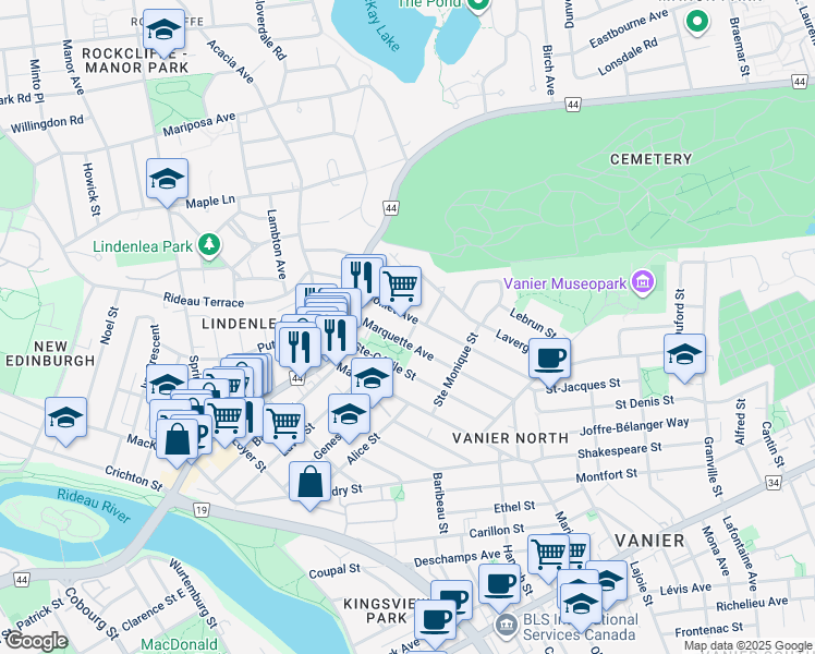 map of restaurants, bars, coffee shops, grocery stores, and more near in Ottawa