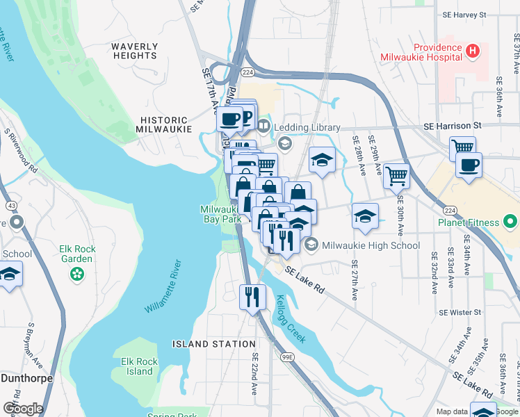map of restaurants, bars, coffee shops, grocery stores, and more near in Milwaukie