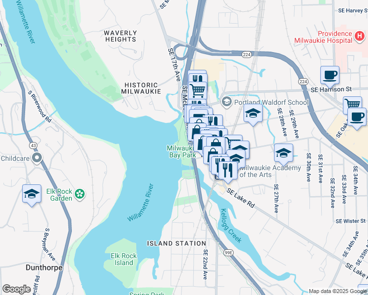 map of restaurants, bars, coffee shops, grocery stores, and more near 11001 Southeast McLoughlin Boulevard in Milwaukie