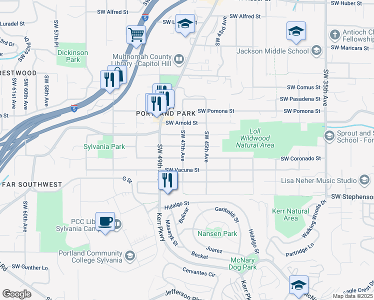 map of restaurants, bars, coffee shops, grocery stores, and more near 11410 Southwest 47th Avenue in Portland