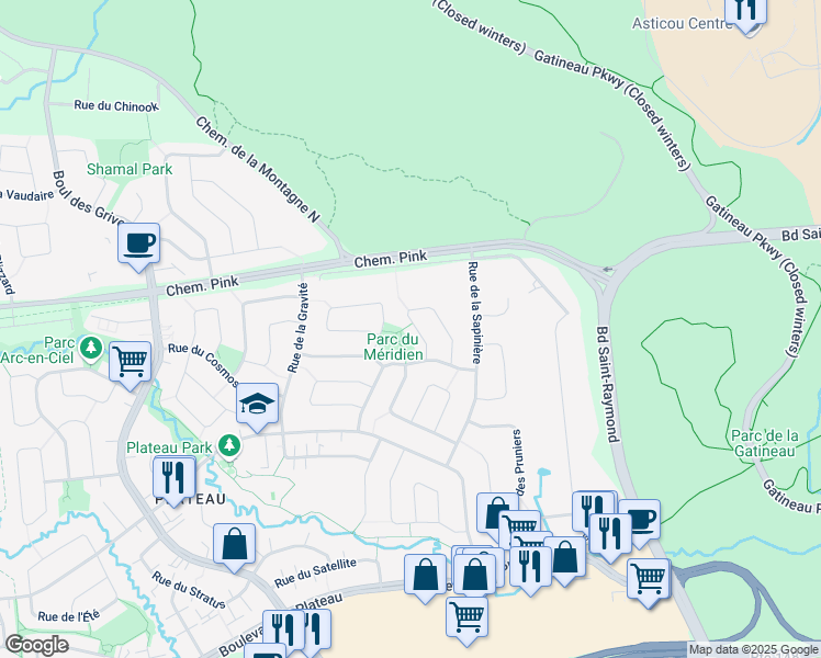 map of restaurants, bars, coffee shops, grocery stores, and more near 11 Rue de l'Orbite in Gatineau