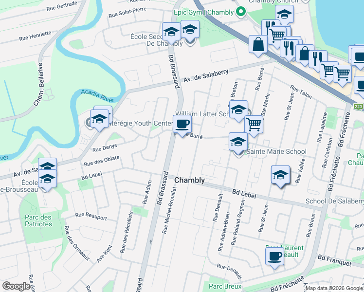 map of restaurants, bars, coffee shops, grocery stores, and more near 1119 Boulevard Brassard in Chambly