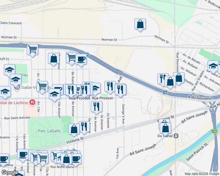 map of restaurants, bars, coffee shops, grocery stores, and more near 752 2e Avenue in Montréal