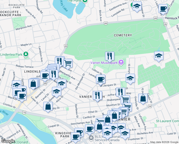 map of restaurants, bars, coffee shops, grocery stores, and more near 109 Lavergne Street in Ottawa