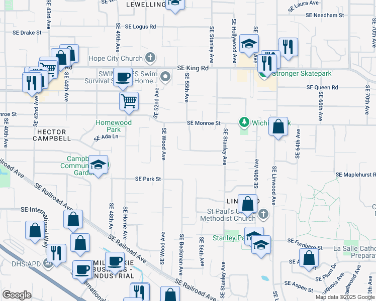 map of restaurants, bars, coffee shops, grocery stores, and more near Southeast Woodhaven Street in Milwaukie