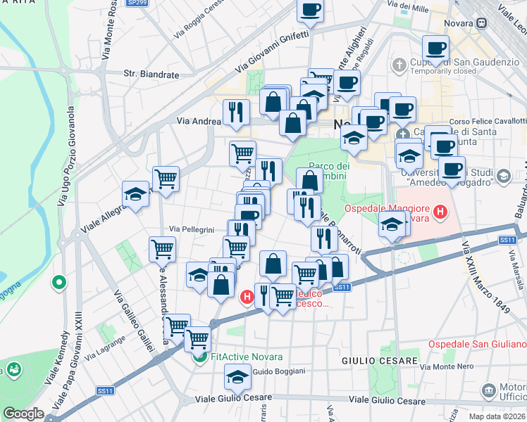 map of restaurants, bars, coffee shops, grocery stores, and more near 15 Corso Torino in Novara