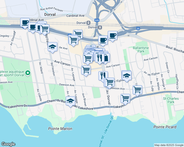 map of restaurants, bars, coffee shops, grocery stores, and more near in Dorval