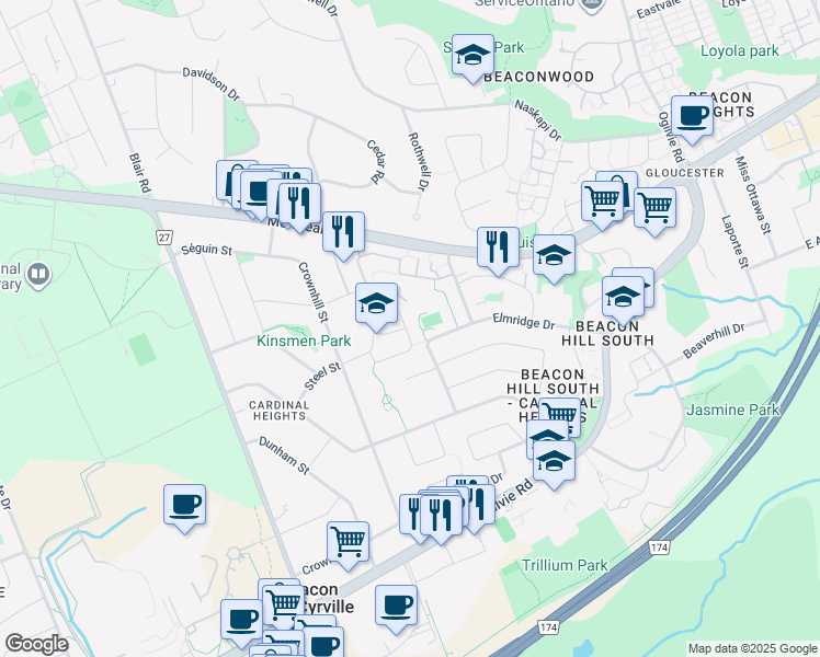 map of restaurants, bars, coffee shops, grocery stores, and more near 172 Marrissa Avenue in Ottawa