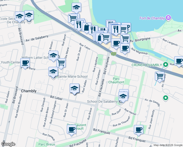 map of restaurants, bars, coffee shops, grocery stores, and more near 874 Rue Lapalme in Chambly