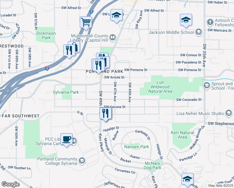 map of restaurants, bars, coffee shops, grocery stores, and more near 11410 Southwest 47th Avenue in Portland