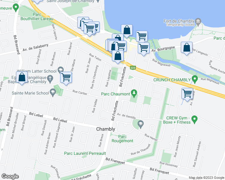 map of restaurants, bars, coffee shops, grocery stores, and more near in Chambly