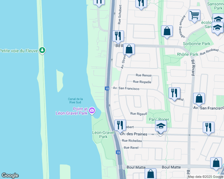 map of restaurants, bars, coffee shops, grocery stores, and more near 9385 Avenue San Francisco in Brossard