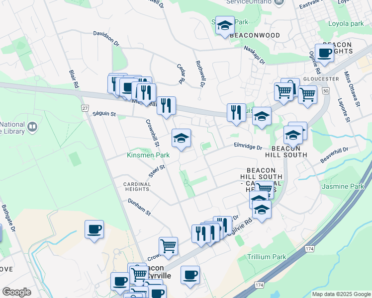 map of restaurants, bars, coffee shops, grocery stores, and more near 77 Indigo Street in Ottawa