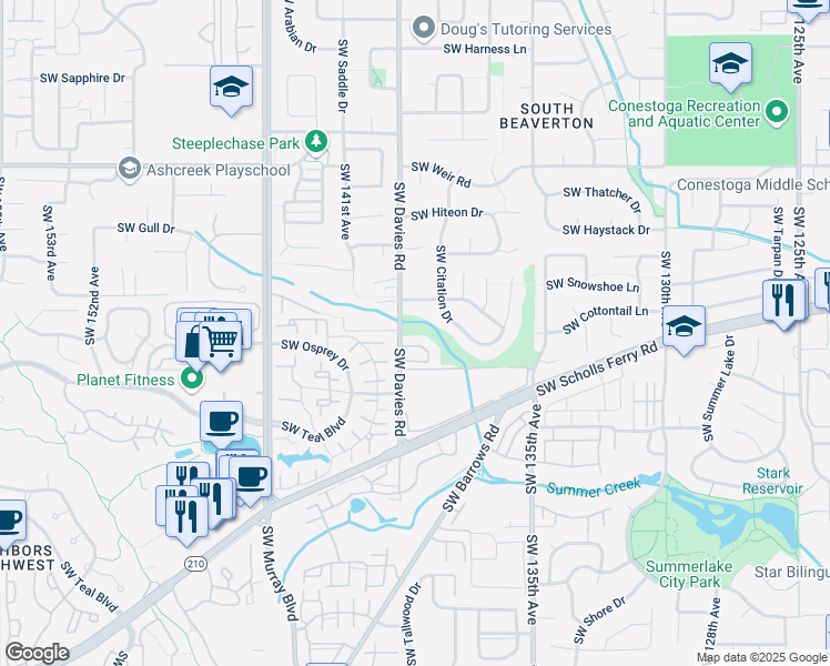 map of restaurants, bars, coffee shops, grocery stores, and more near 10690 Southwest Davies Road in Beaverton