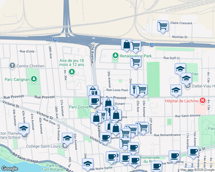 map of restaurants, bars, coffee shops, grocery stores, and more near 725 30e Avenue in Montréal