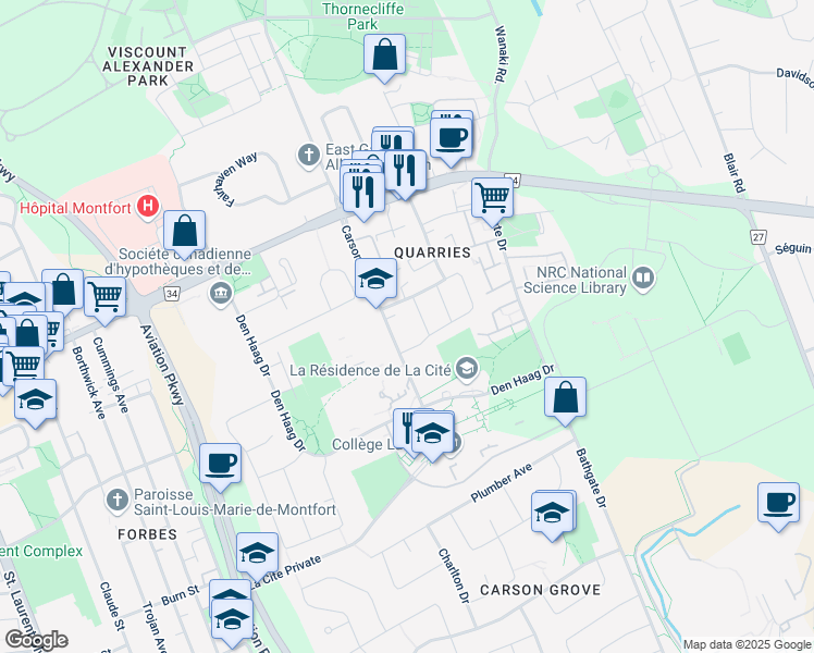 map of restaurants, bars, coffee shops, grocery stores, and more near in Ottawa