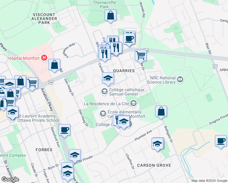map of restaurants, bars, coffee shops, grocery stores, and more near in Ottawa