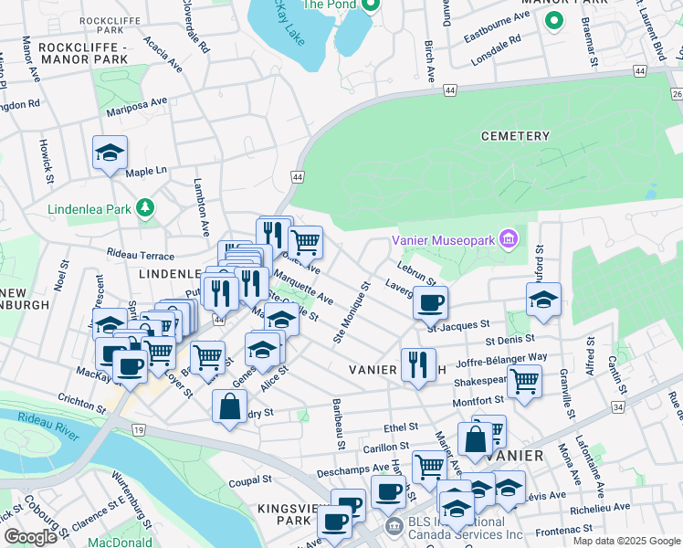 map of restaurants, bars, coffee shops, grocery stores, and more near in Ottawa