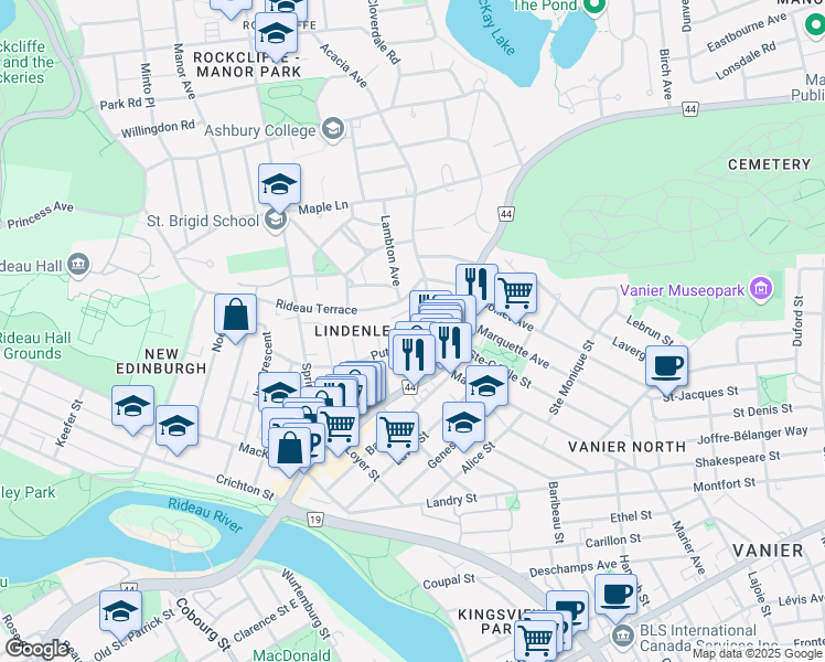 map of restaurants, bars, coffee shops, grocery stores, and more near in Ottawa