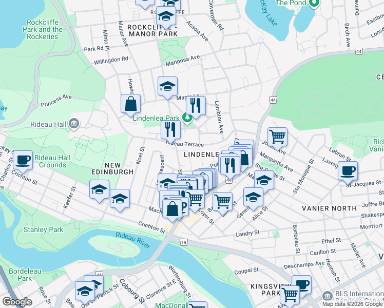 map of restaurants, bars, coffee shops, grocery stores, and more near 135 Springfield Road in Ottawa