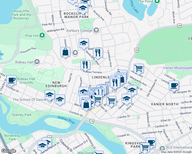 map of restaurants, bars, coffee shops, grocery stores, and more near 113 Springfield Road in Ottawa