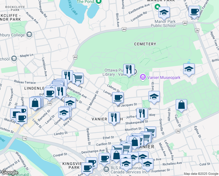 map of restaurants, bars, coffee shops, grocery stores, and more near 124 Lebrun Street in Ottawa