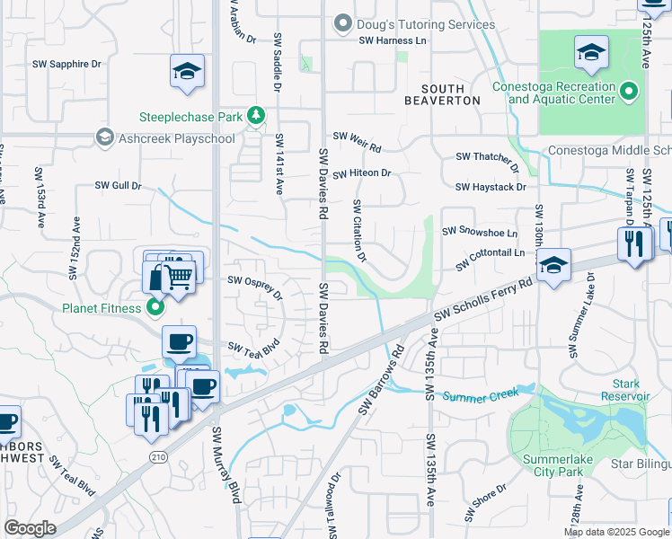 map of restaurants, bars, coffee shops, grocery stores, and more near 10690 Southwest Davies Road in Beaverton