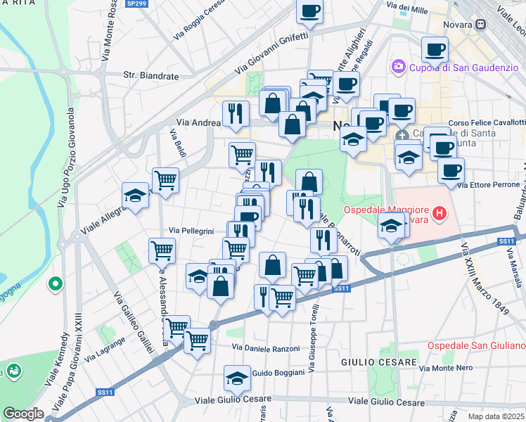 map of restaurants, bars, coffee shops, grocery stores, and more near 15 Corso Torino in Novara