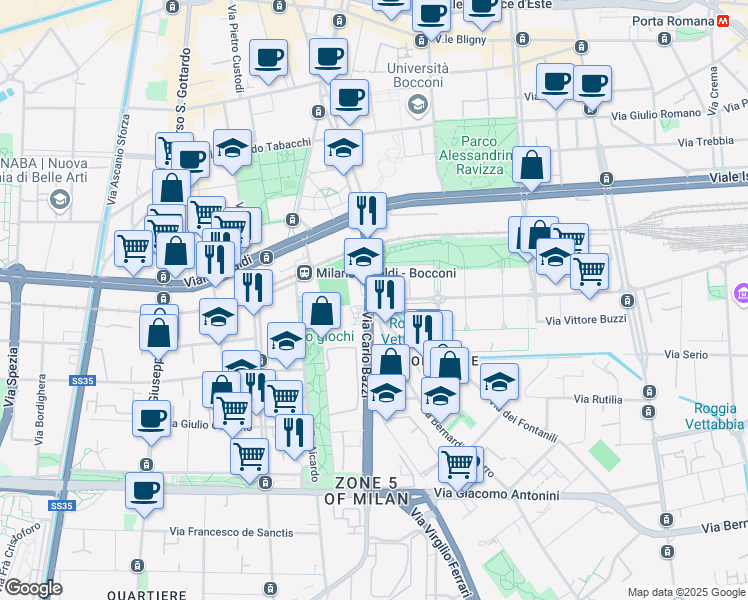 map of restaurants, bars, coffee shops, grocery stores, and more near 5 Via Giovanni Spadolini in Milano