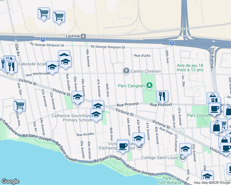 map of restaurants, bars, coffee shops, grocery stores, and more near 665 45e Avenue in Montréal