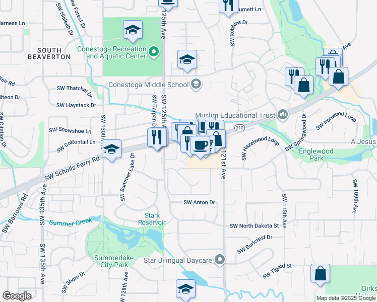 map of restaurants, bars, coffee shops, grocery stores, and more near 12272 Southwest Scholls Ferry Road in Tigard