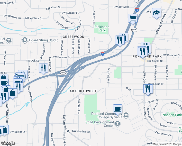 map of restaurants, bars, coffee shops, grocery stores, and more near 11331 Southwest Capitol Highway in Portland
