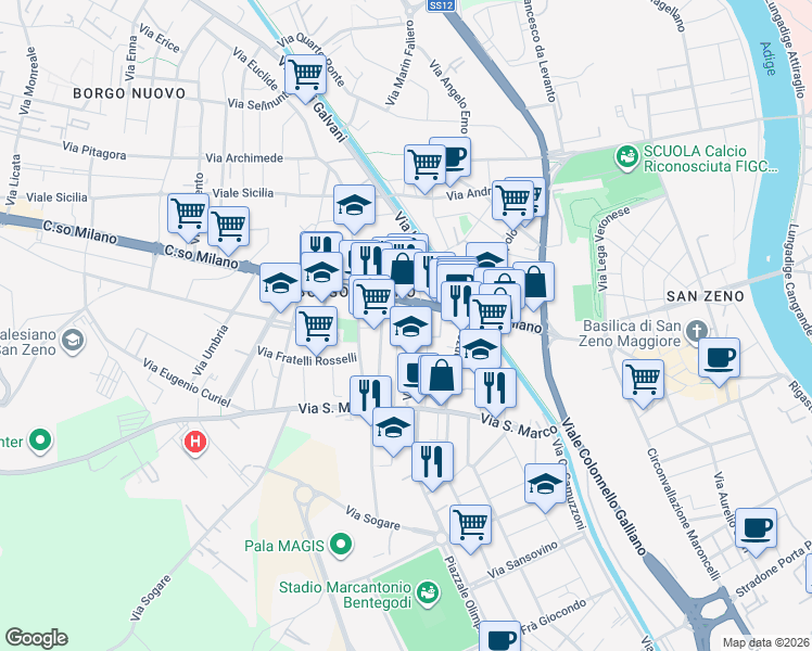 map of restaurants, bars, coffee shops, grocery stores, and more near 15 Via Ugo Foscolo in Verona