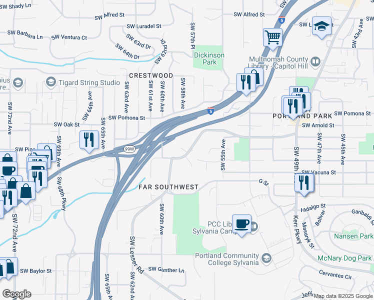 map of restaurants, bars, coffee shops, grocery stores, and more near 11331 Southwest Capitol Highway in Portland