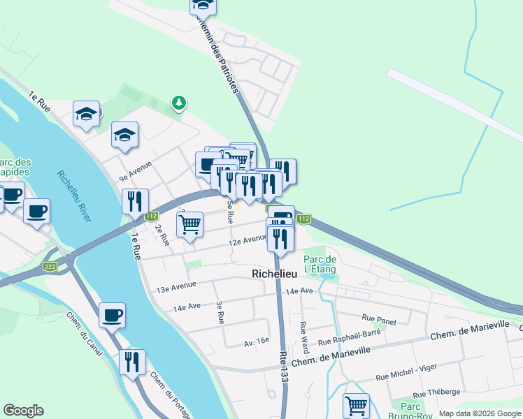 map of restaurants, bars, coffee shops, grocery stores, and more near 575 Boulevard Richelieu in Richelieu