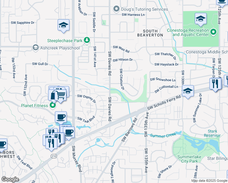 map of restaurants, bars, coffee shops, grocery stores, and more near 10690 Southwest Davies Road in Beaverton