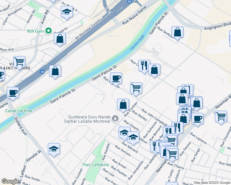 map of restaurants, bars, coffee shops, grocery stores, and more near 2606 Rue Lapierre in Montréal