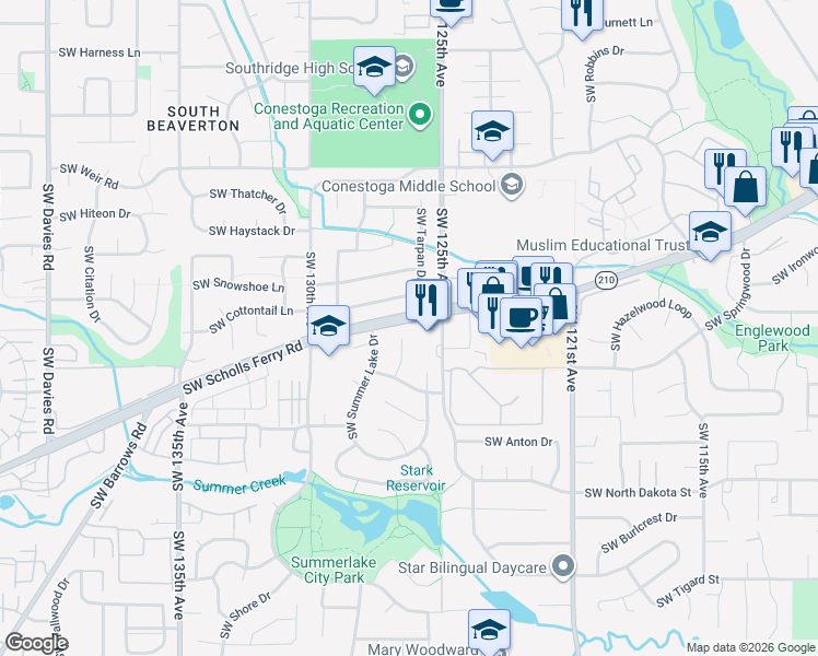 map of restaurants, bars, coffee shops, grocery stores, and more near 10704 Southwest 127th Court in Tigard