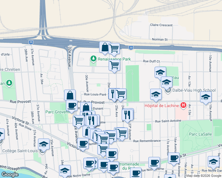 map of restaurants, bars, coffee shops, grocery stores, and more near 742 26e Avenue in Montréal
