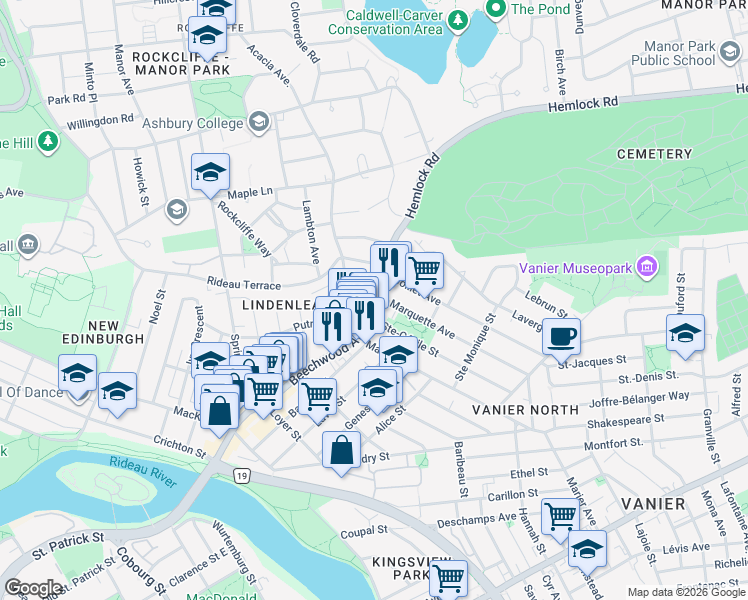 map of restaurants, bars, coffee shops, grocery stores, and more near 455 Green Avenue in Ottawa