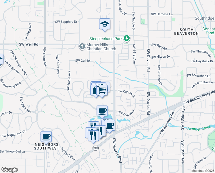 map of restaurants, bars, coffee shops, grocery stores, and more near 14595 Southwest Osprey Drive in Beaverton