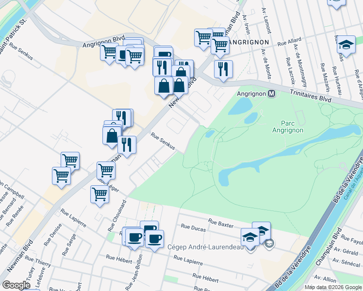 map of restaurants, bars, coffee shops, grocery stores, and more near 1801 Rue Senkus in Montréal