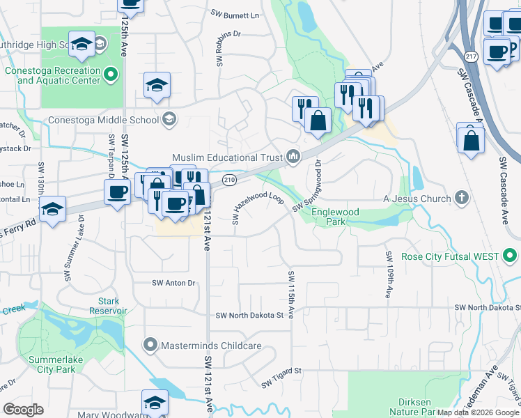 map of restaurants, bars, coffee shops, grocery stores, and more near 11605 Southwest Hazelwood Loop in Portland