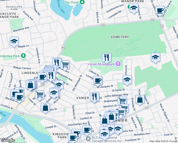 map of restaurants, bars, coffee shops, grocery stores, and more near 114 Lebrun Street in Ottawa