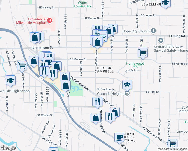 map of restaurants, bars, coffee shops, grocery stores, and more near 4115 Southeast Washington Street in Milwaukie