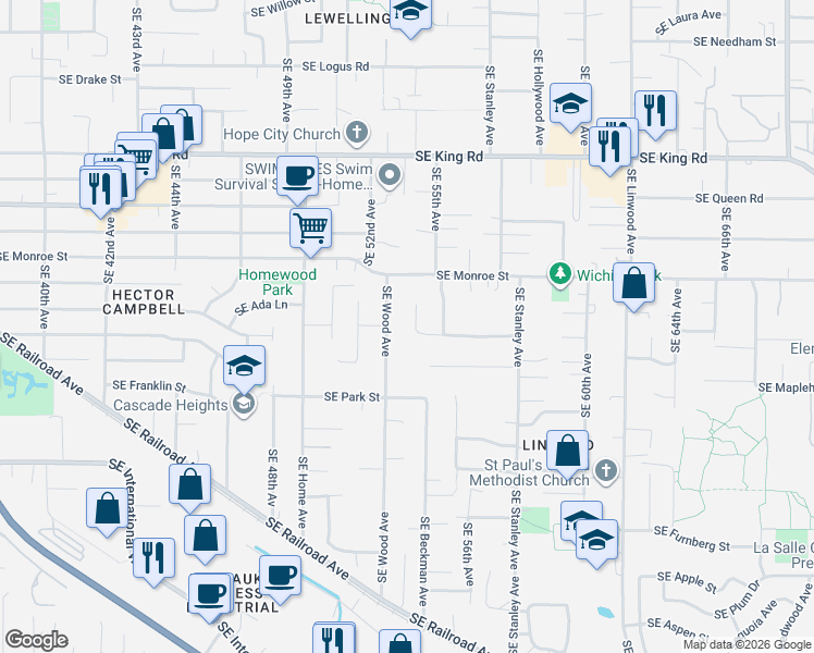map of restaurants, bars, coffee shops, grocery stores, and more near 11005 Southeast 54th Place in Milwaukie