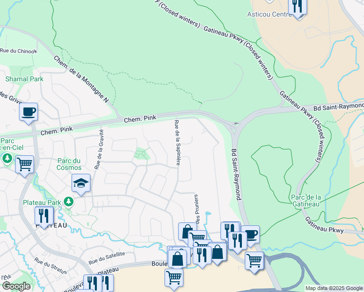 map of restaurants, bars, coffee shops, grocery stores, and more near 2 Impasse de l'Acajou in Gatineau