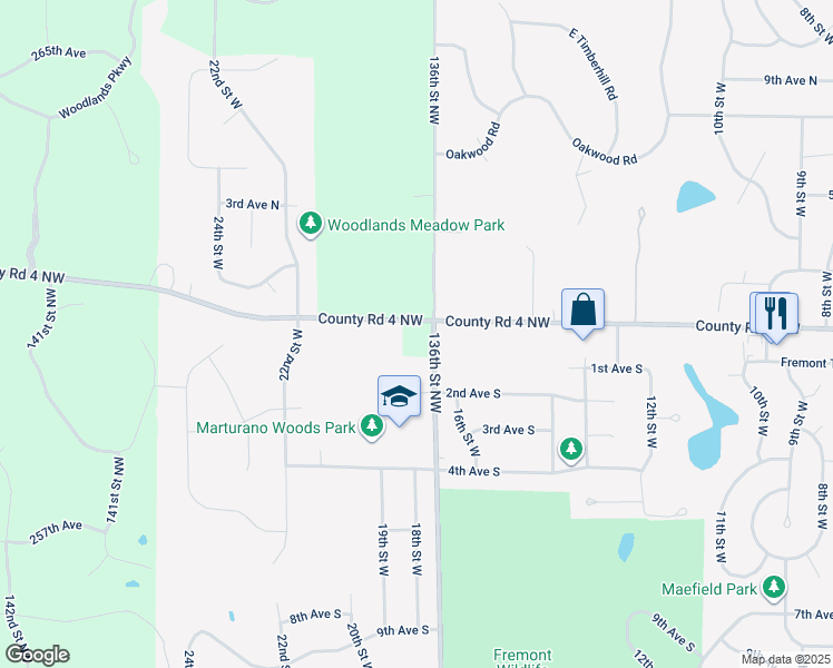 map of restaurants, bars, coffee shops, grocery stores, and more near 13605 261st Avenue Northwest in Zimmerman