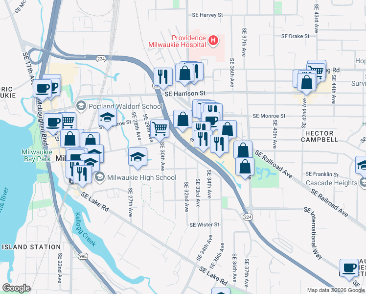 map of restaurants, bars, coffee shops, grocery stores, and more near 10903 Southeast Oak Street in Milwaukie