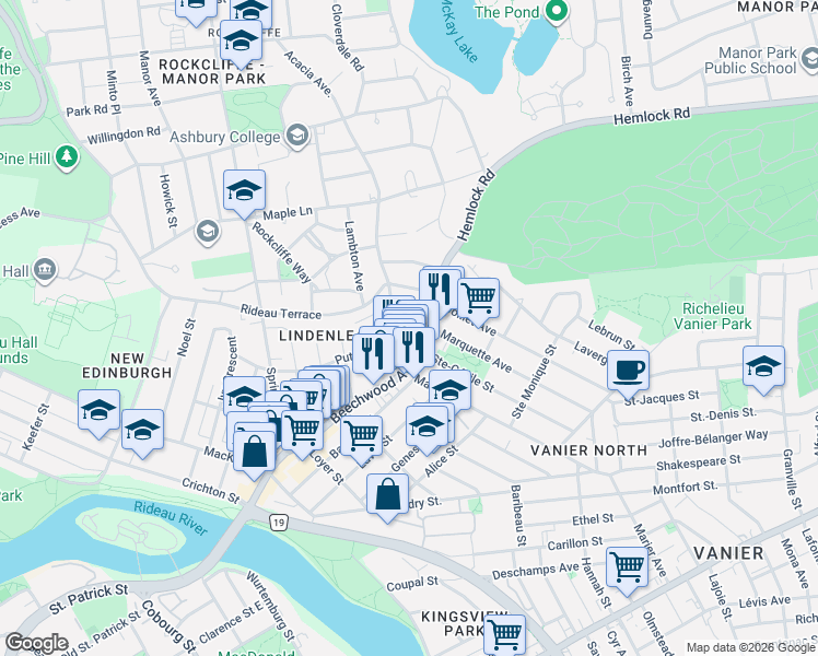 map of restaurants, bars, coffee shops, grocery stores, and more near 66 Acacia Avenue in Ottawa